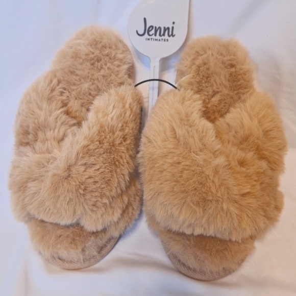 😴Jenni Intimates - Tan Faux Fur Crossband House Slipper Size M 7-8 NWT😴 - Picture 1 of 5
